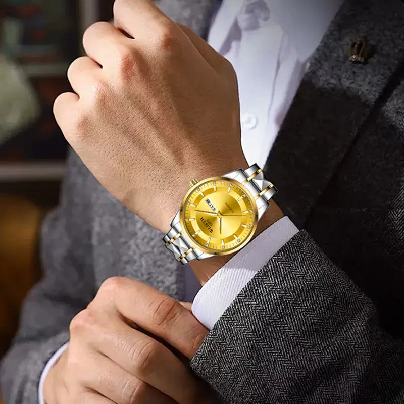 Men's Gold Silver Watch with Calendar & Waterproof Design