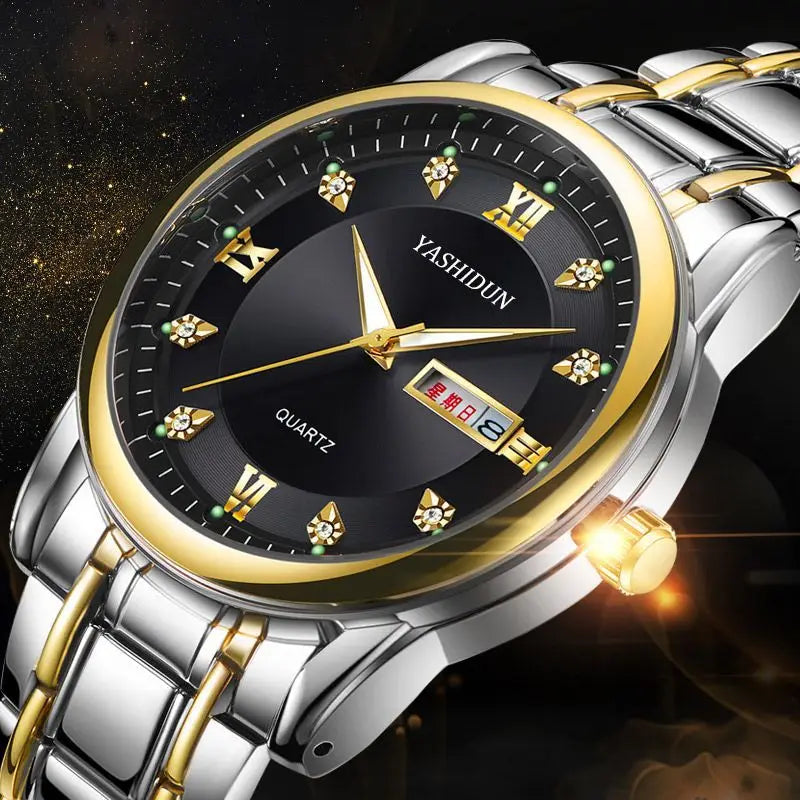 Men's Luxurious Gold Steel Watch with Luminous Dial