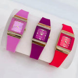 Women's Red Silicone Diamond Watch with Gold Case