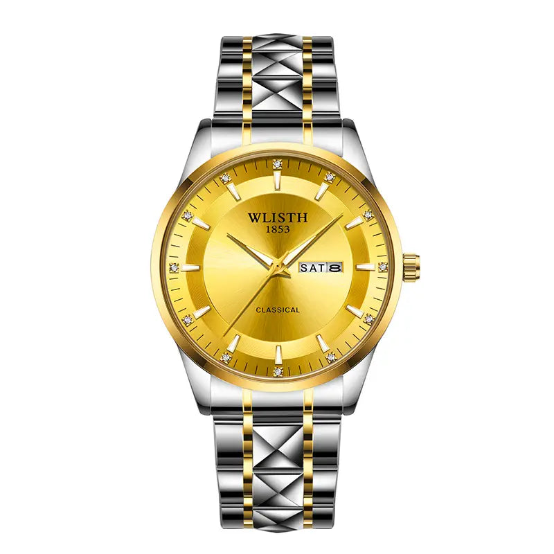Men's Gold Silver Watch with Calendar & Waterproof Design