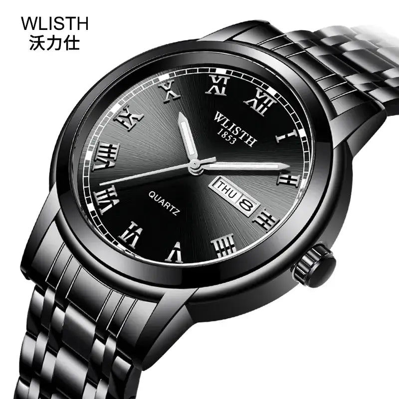 Business Men's Blue Dial Quartz Watch with Luminous Steel Band