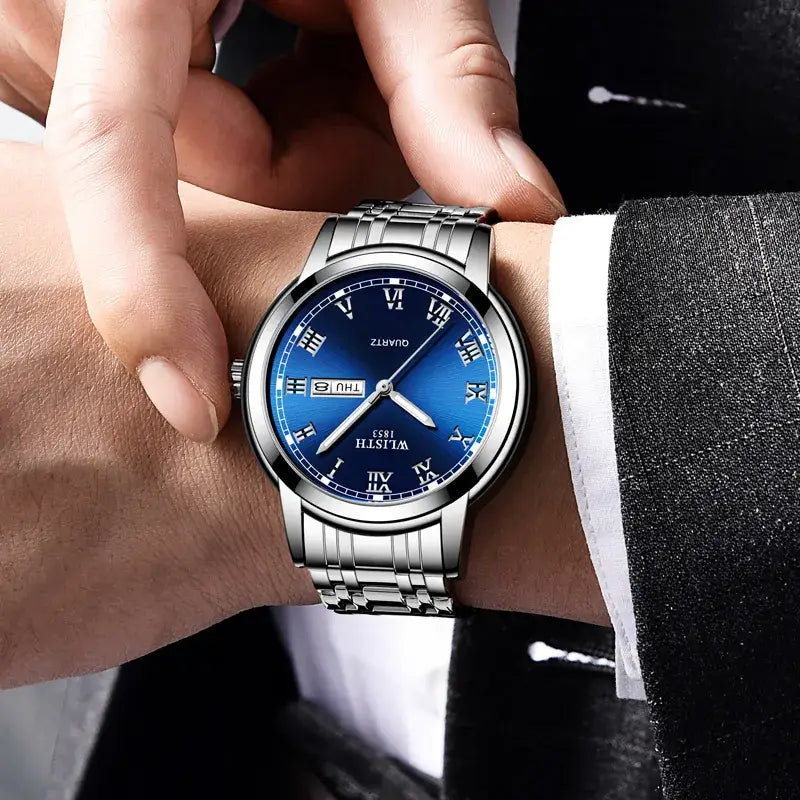 Business Men's Blue Dial Quartz Watch with Luminous Steel Band