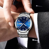 Business Men's Blue Dial Quartz Watch with Luminous Steel Band