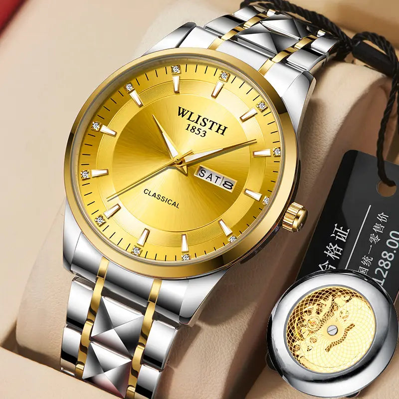 Men's Gold Silver Watch with Calendar & Waterproof Design