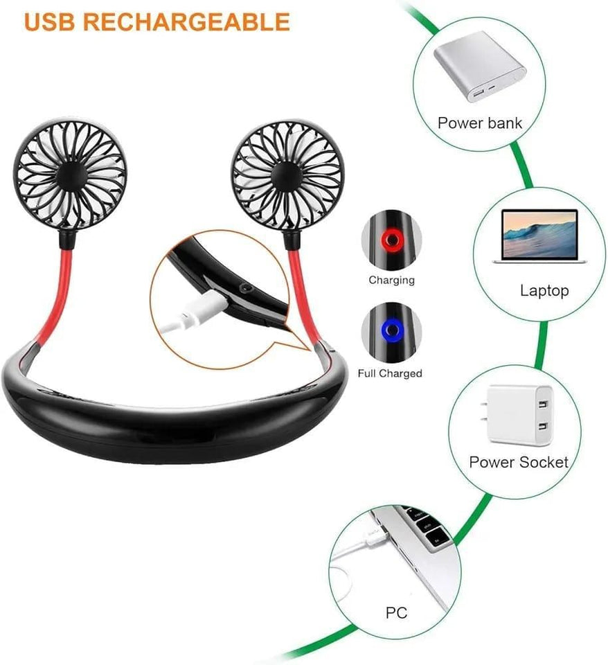 USB Neck Fan Black Red 360° Rotate 3 Speeds