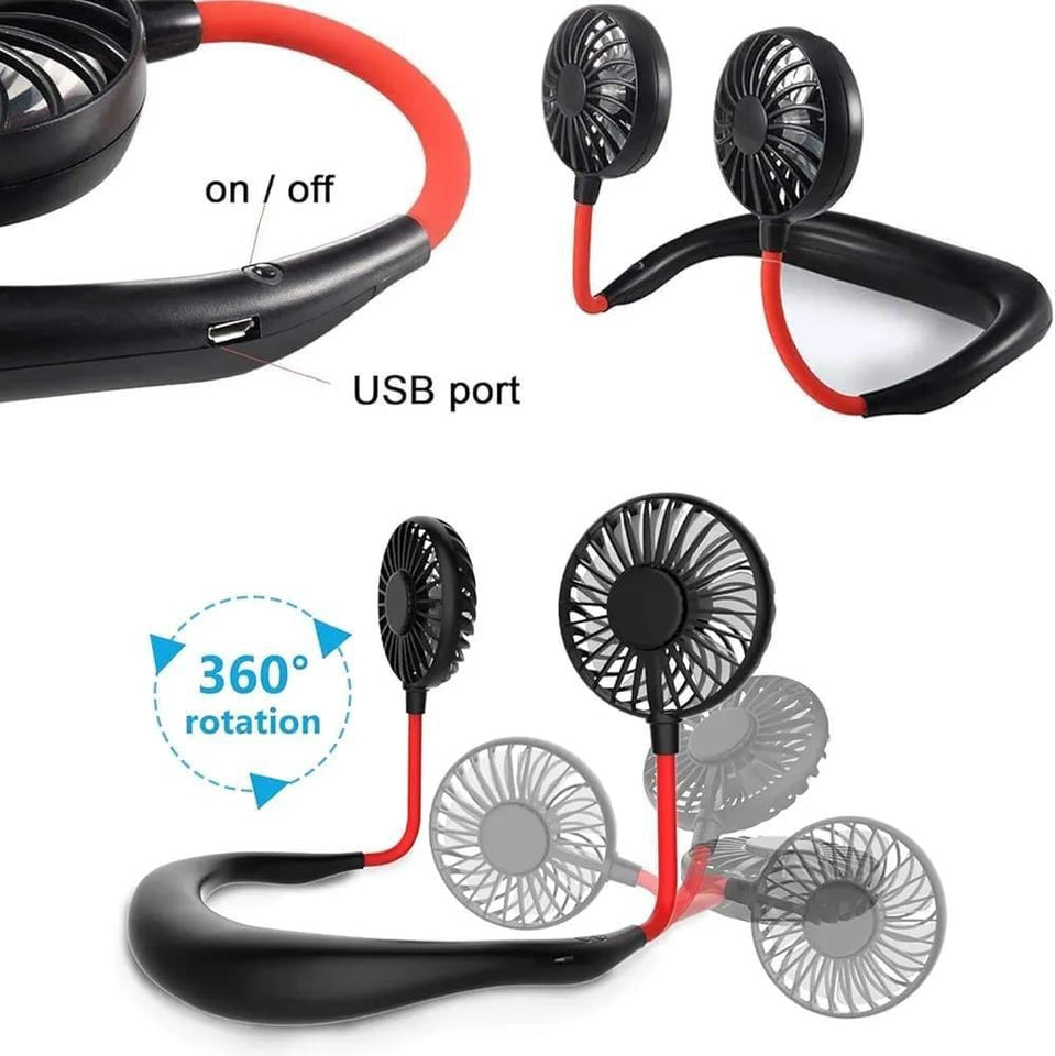 USB Neck Fan Black Red 360° Rotate 3 Speeds