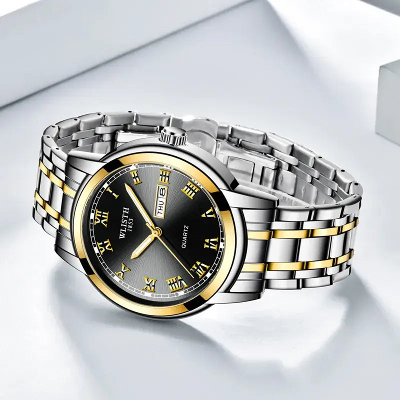 Business Men's Blue Dial Quartz Watch with Luminous Steel Band