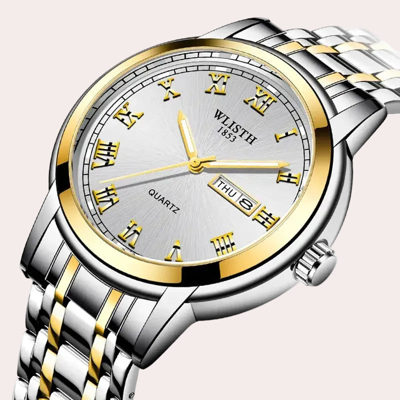 A WLISTH quartz watch with a silver and gold two-tone stainless steel link bracelet, a silver sunburst dial with gold Roman numerals, and a day/date window.