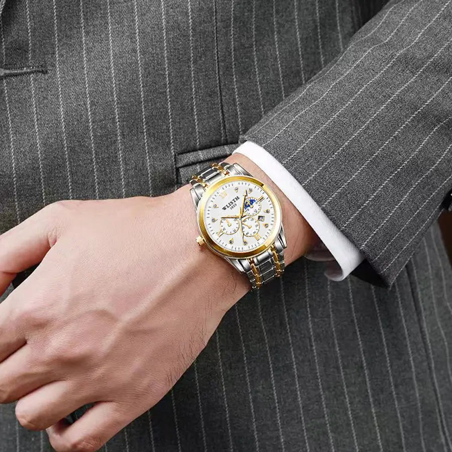 Men's Luxurious Gold Steel Watch with Luminous Dial